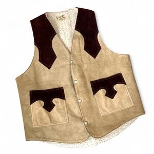 Vintage 70s Suede Leather Shearling Fleece Vest Western Tan Patchwork Ranch Boho